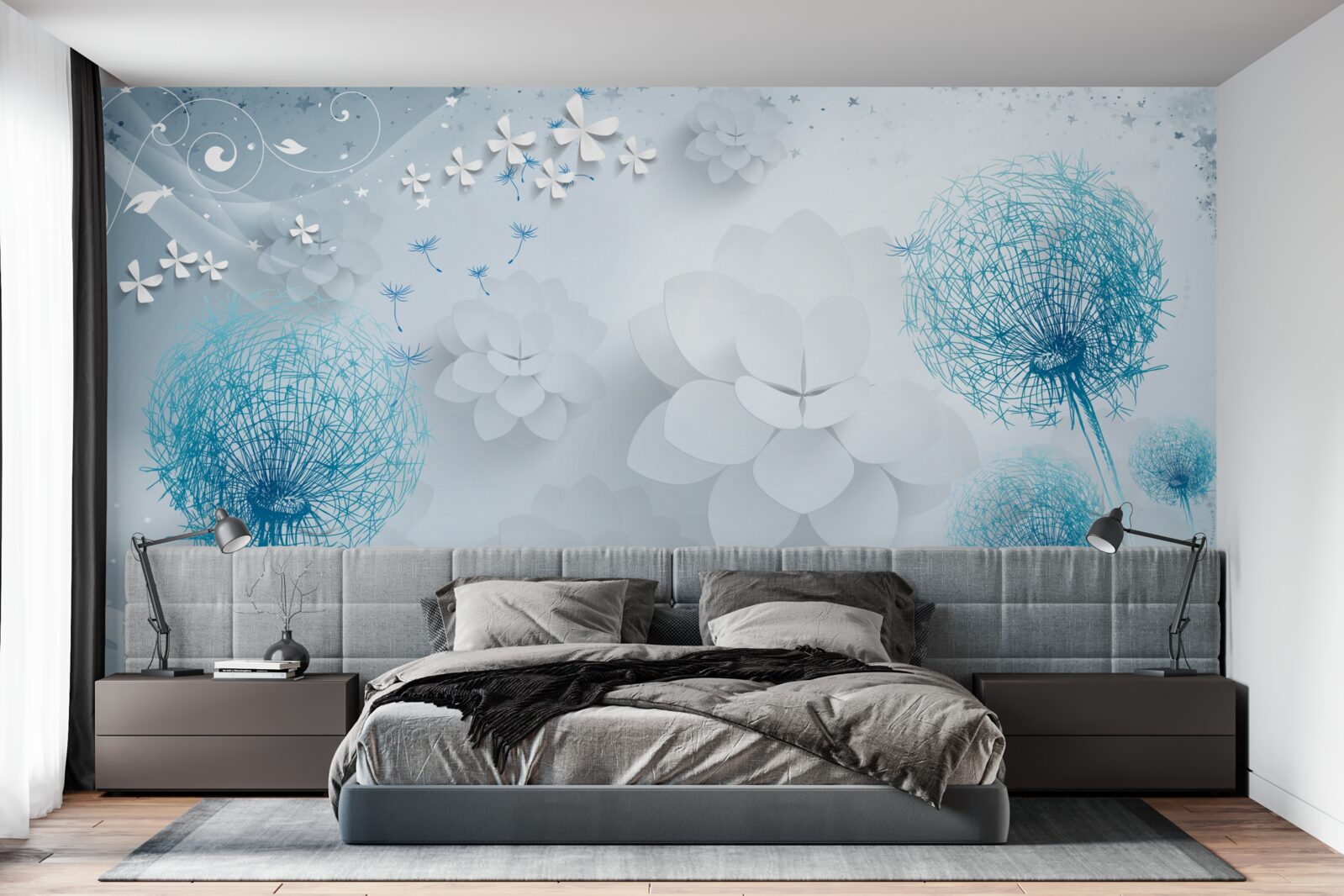 Fototapet gamă de tonuri albastre cu flori