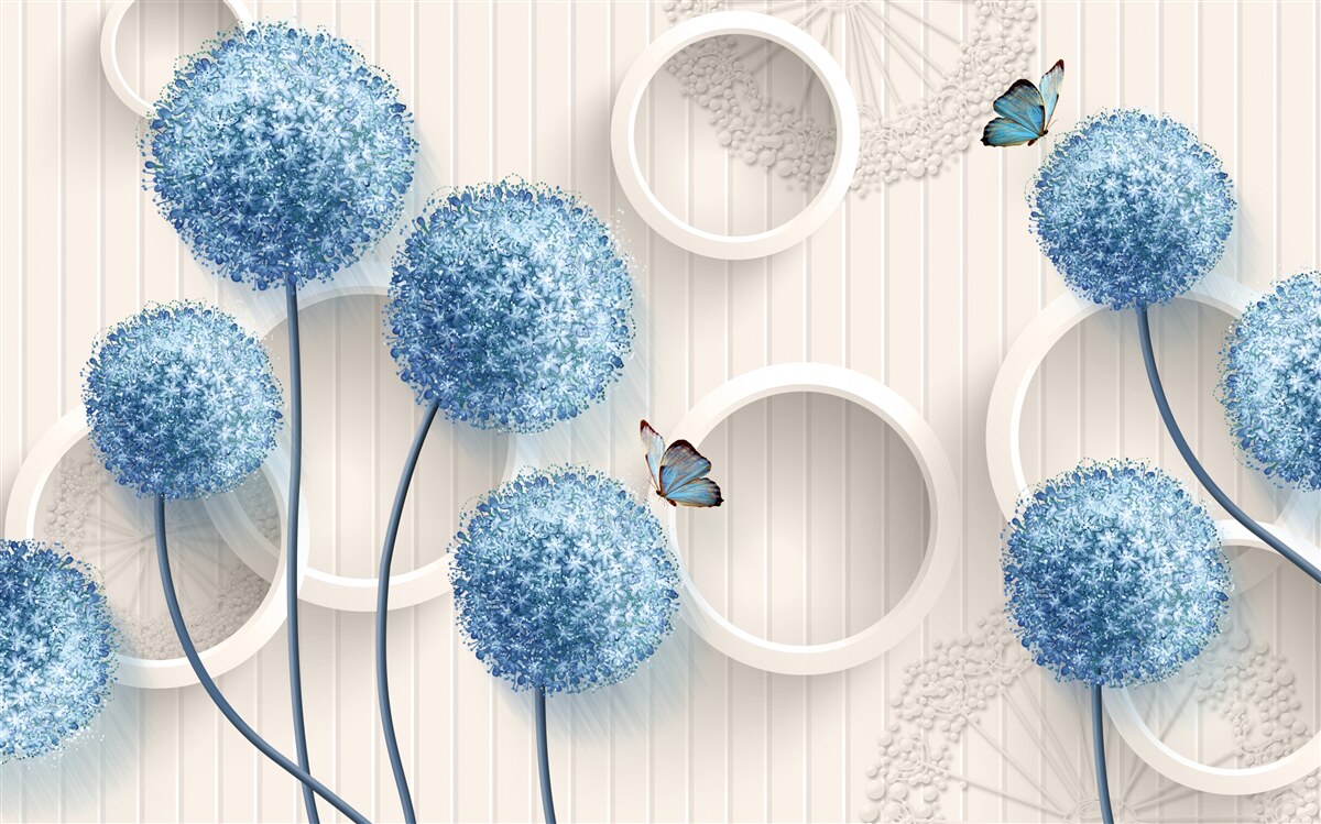 Fototapet fluturi și flori albastre sunt reprezentate pe un fundal alb