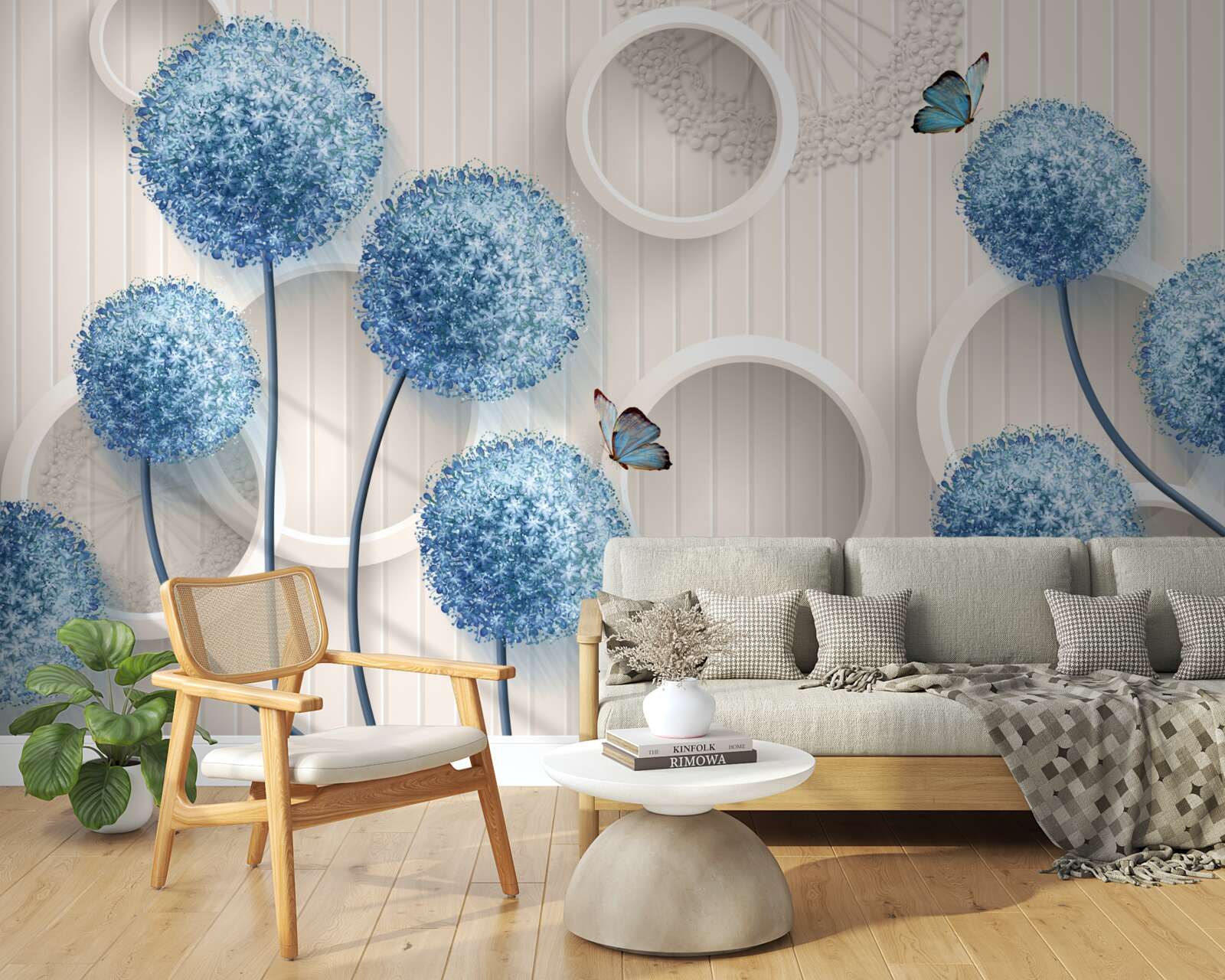 Fototapet fluturi și flori albastre sunt reprezentate pe un fundal alb