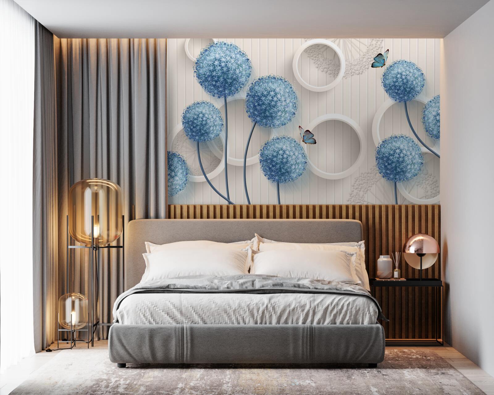 Fototapet fluturi și flori albastre sunt reprezentate pe un fundal alb