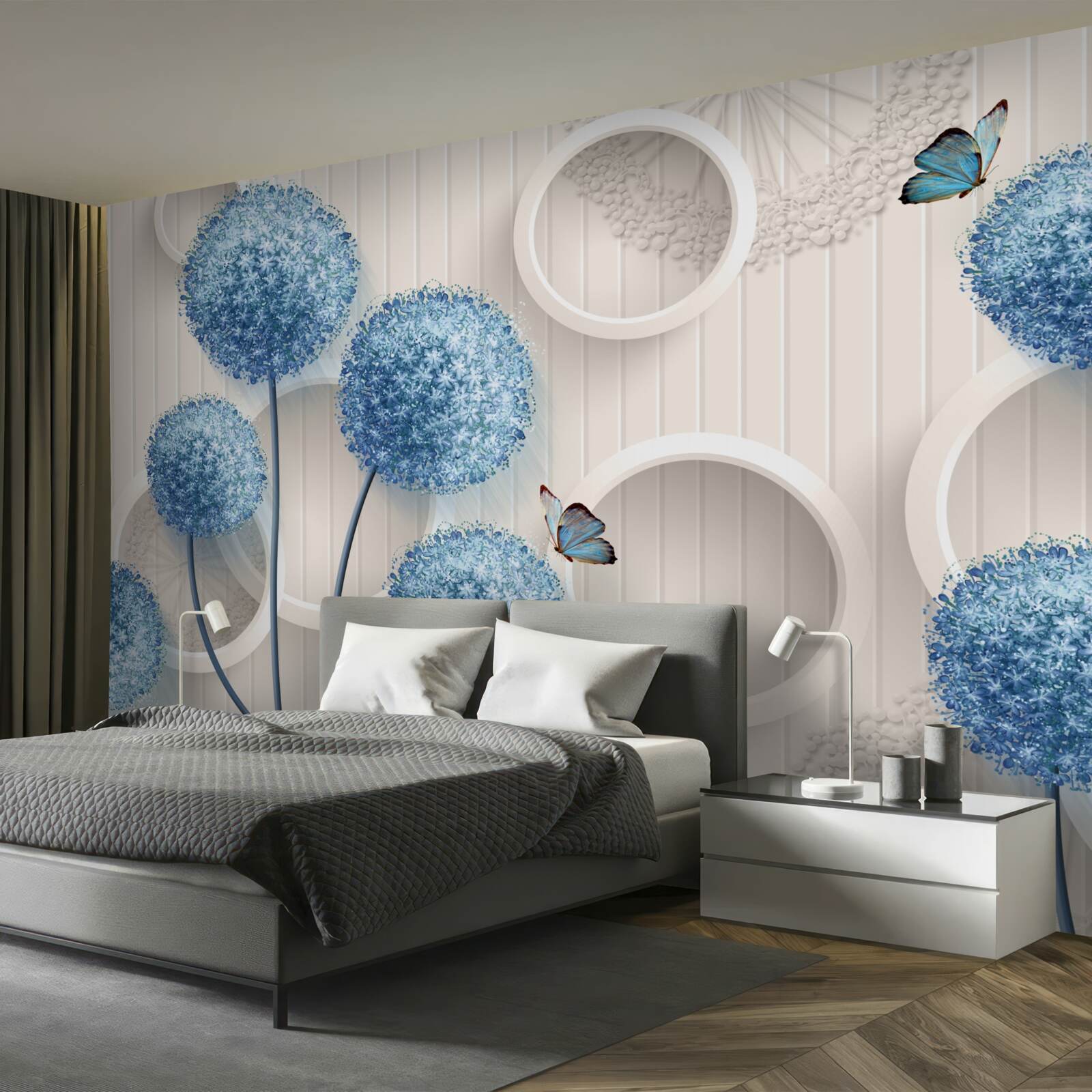 Fototapet fluturi și flori albastre sunt reprezentate pe un fundal alb