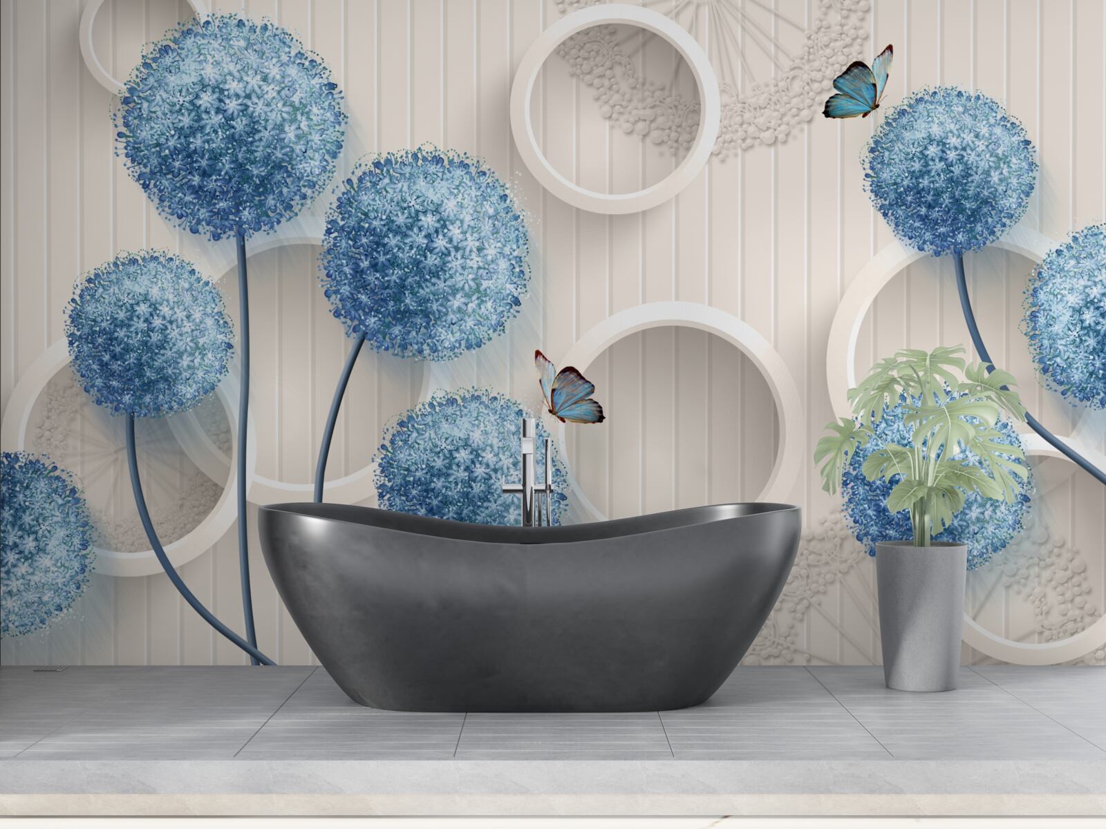 Fototapet fluturi și flori albastre sunt reprezentate pe un fundal alb