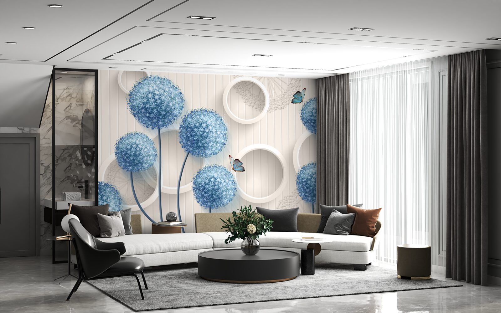 Fototapet fluturi și flori albastre sunt reprezentate pe un fundal alb