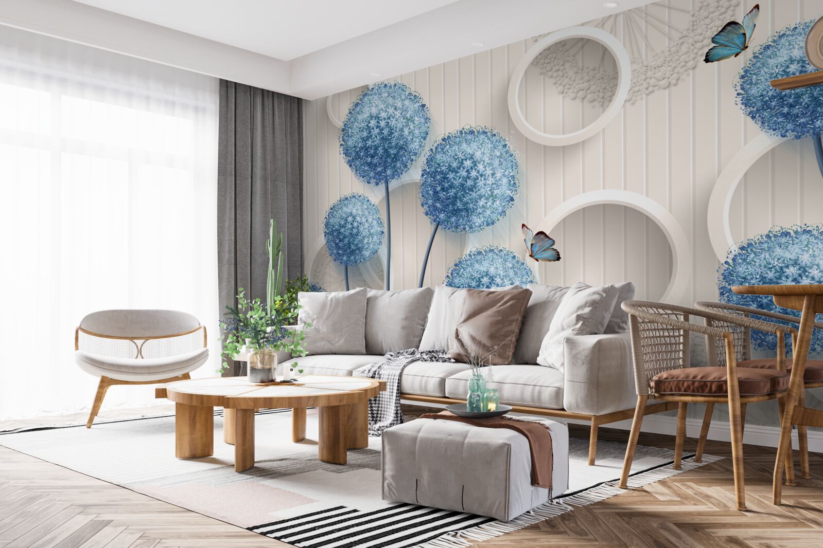 Fototapet fluturi și flori albastre sunt reprezentate pe un fundal alb