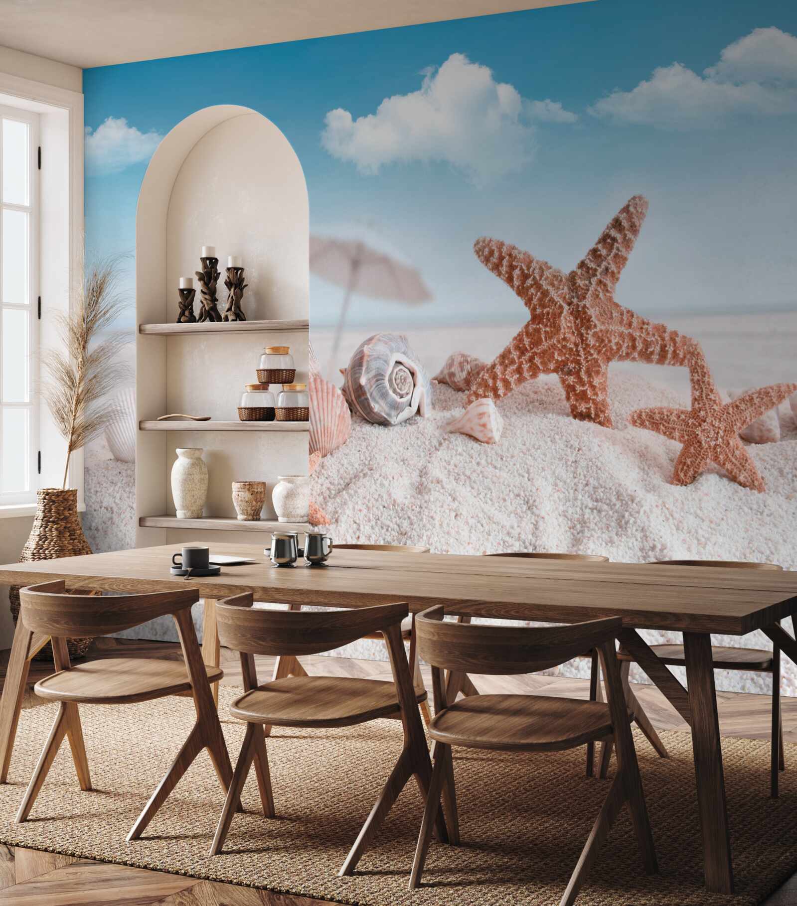 Fototapet cochilii de crustacee pe o coastă nisipoasă