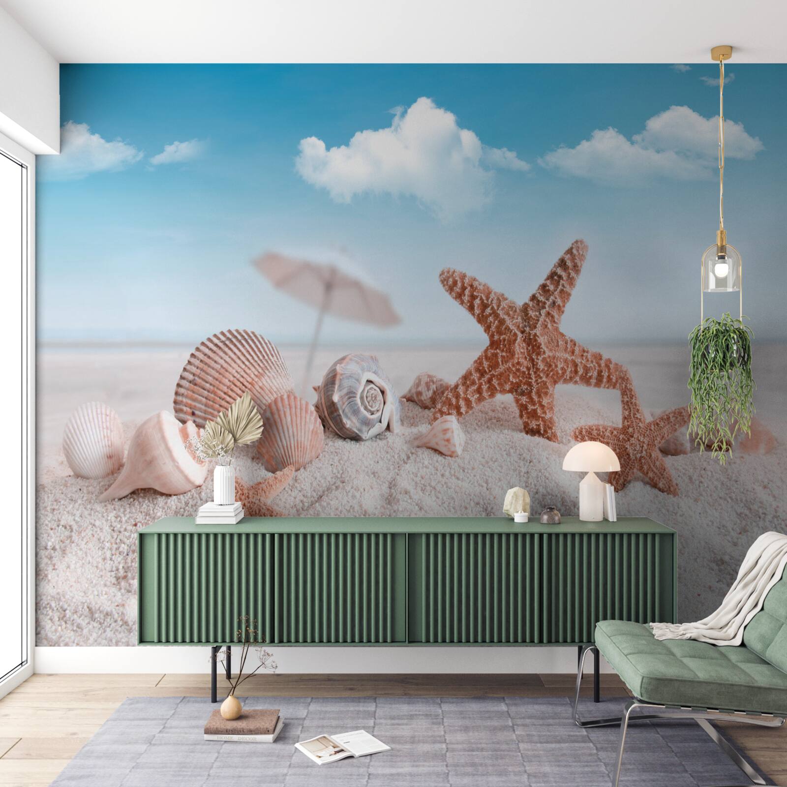 Fototapet cochilii de crustacee pe o coastă nisipoasă