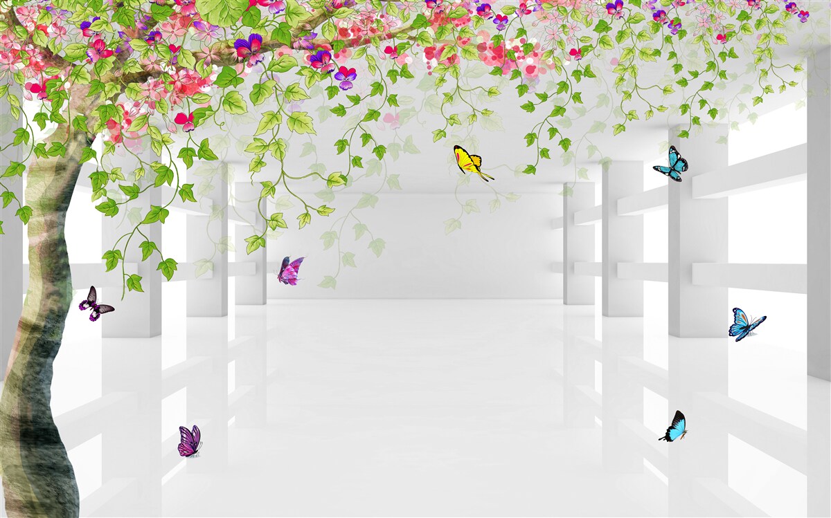 Fototapet fluturii se plimbă printr-un copac înflorit într-un coridor