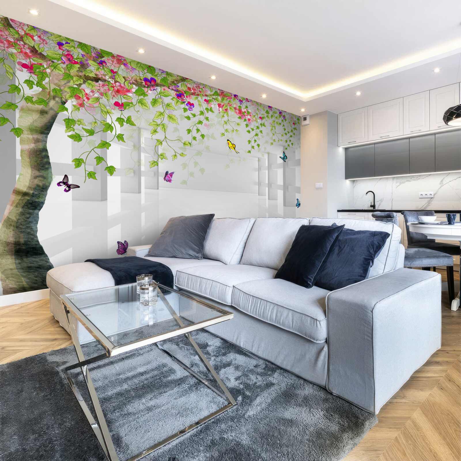 Fototapet fluturii se plimbă printr-un copac înflorit într-un coridor