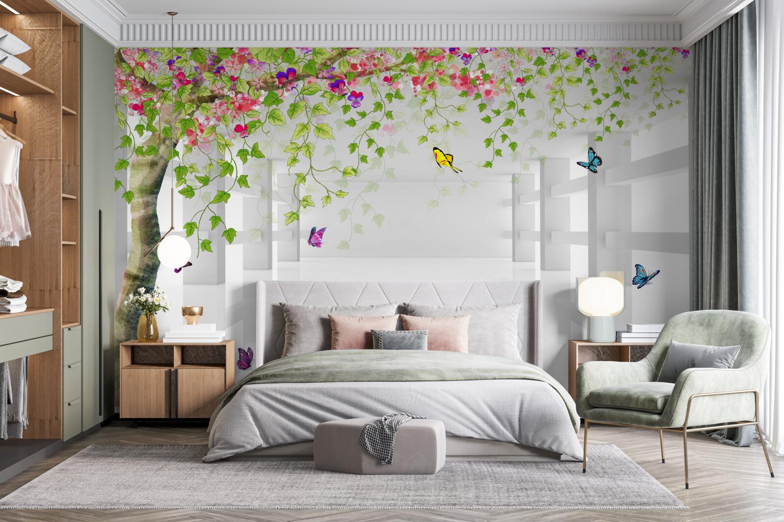 Fototapet fluturii se plimbă printr-un copac înflorit într-un coridor