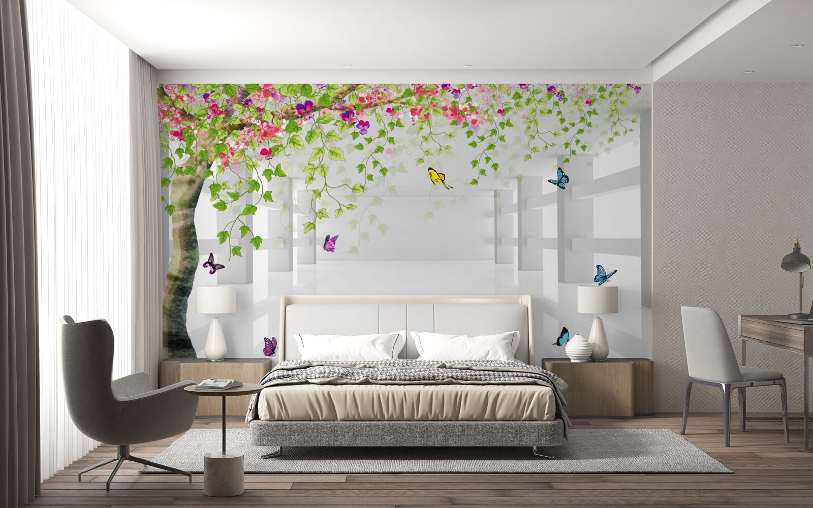 Fototapet fluturii se plimbă printr-un copac înflorit într-un coridor