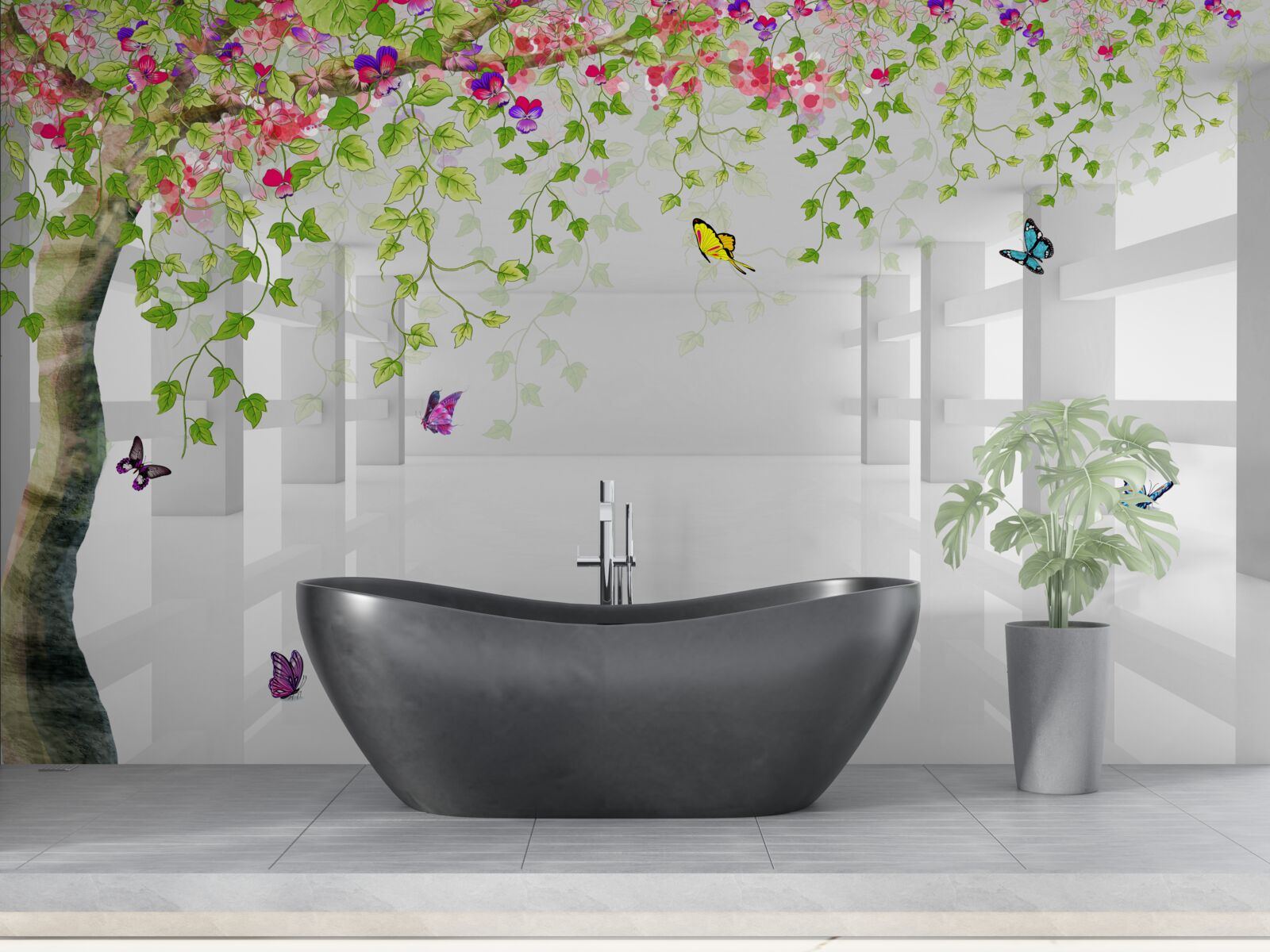 Fototapet fluturii se plimbă printr-un copac înflorit într-un coridor