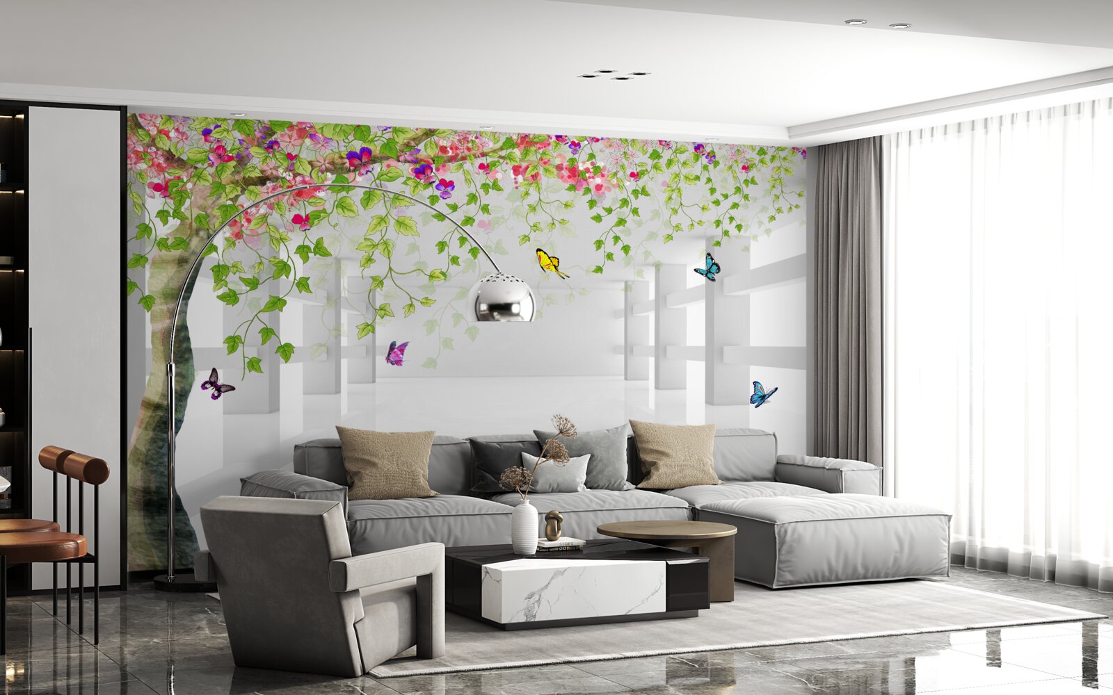 Fototapet fluturii se plimbă printr-un copac înflorit într-un coridor