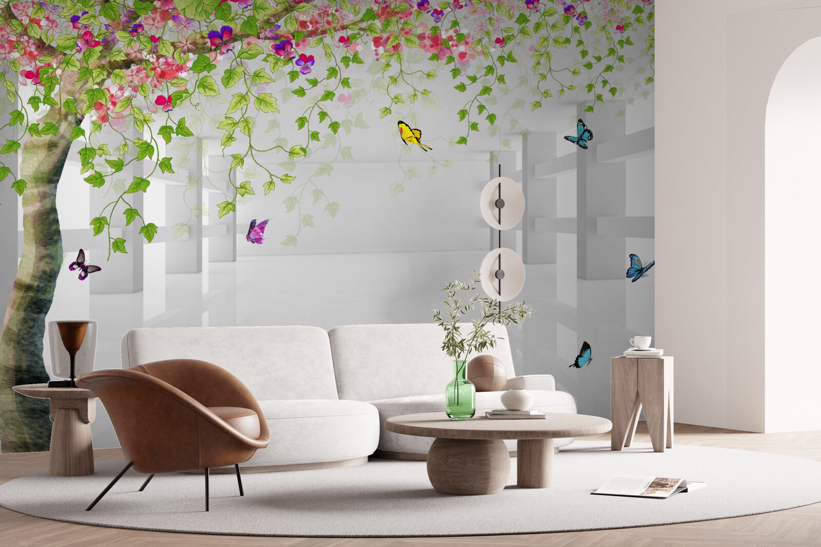 Fototapet fluturii se plimbă printr-un copac înflorit într-un coridor