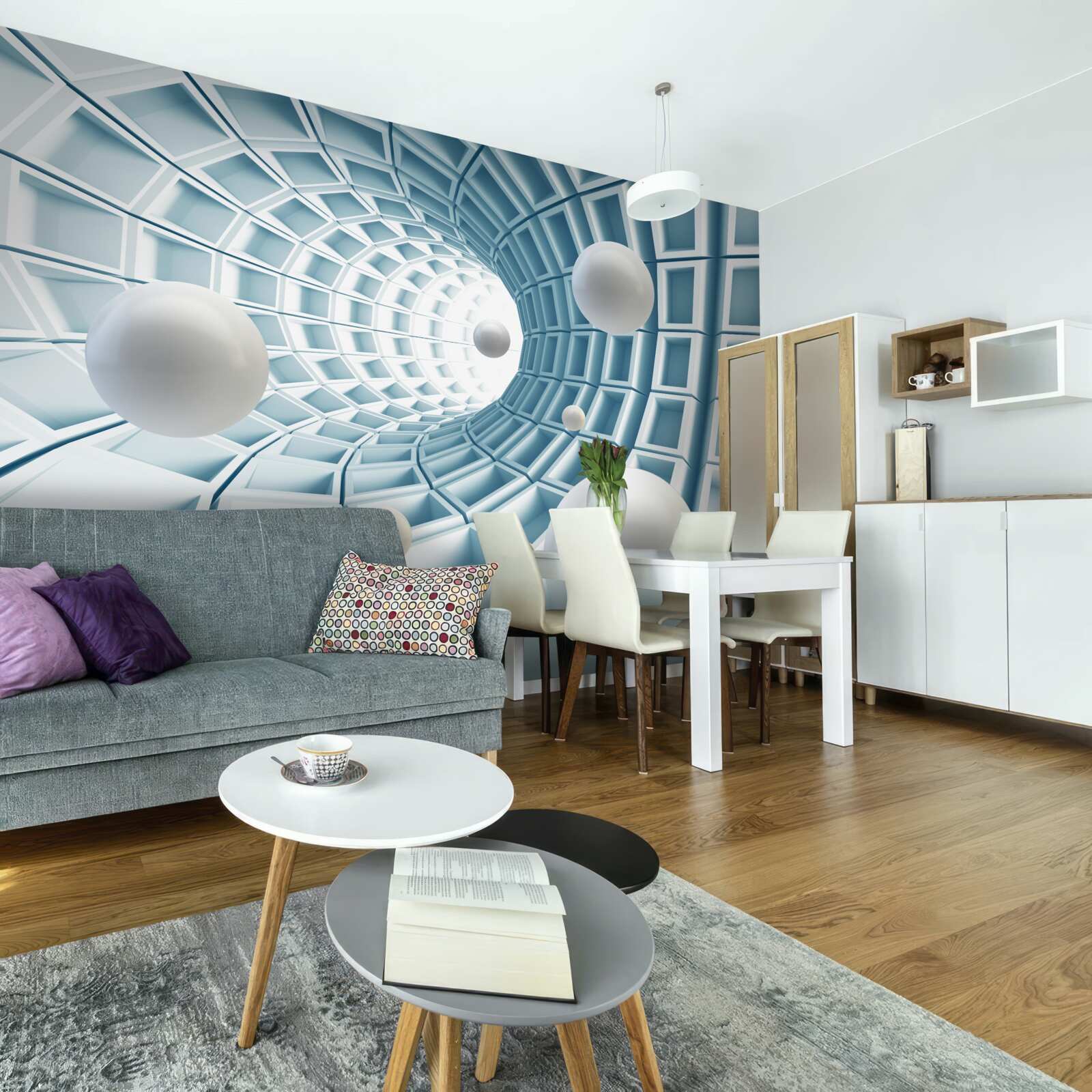 Fototapet bile de lumină plutesc într-un coridor albastru estompat