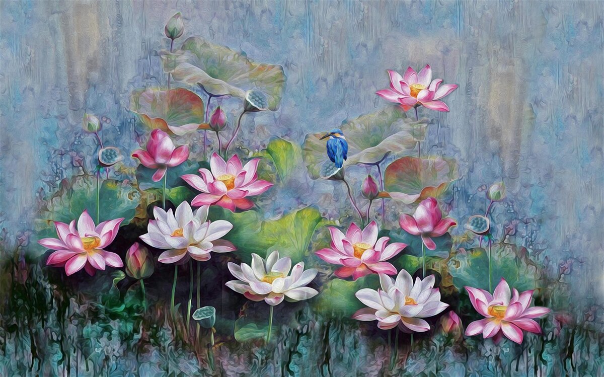 Fototapet pasăre albastră printre nuferi