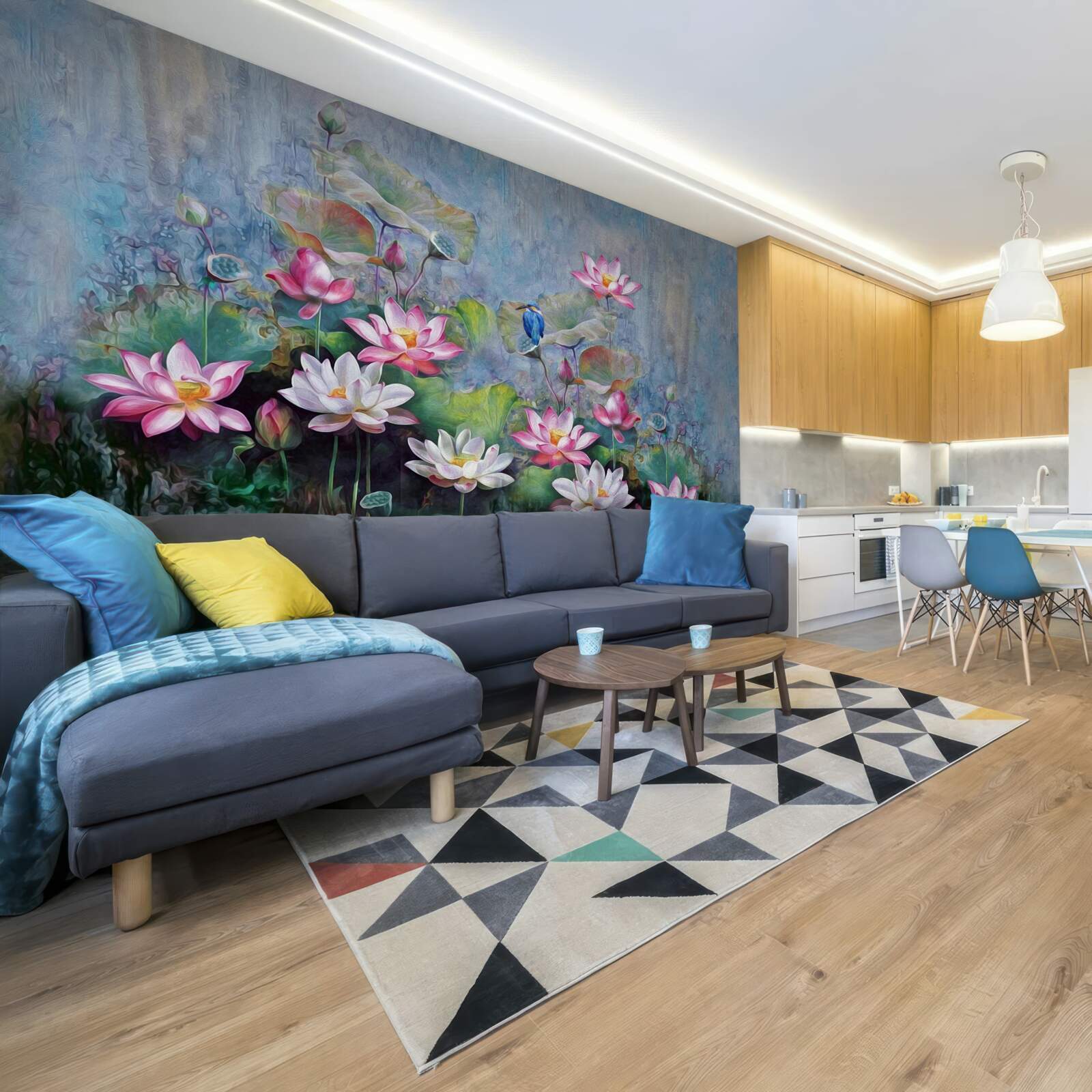 Fototapet pasăre albastră printre nuferi