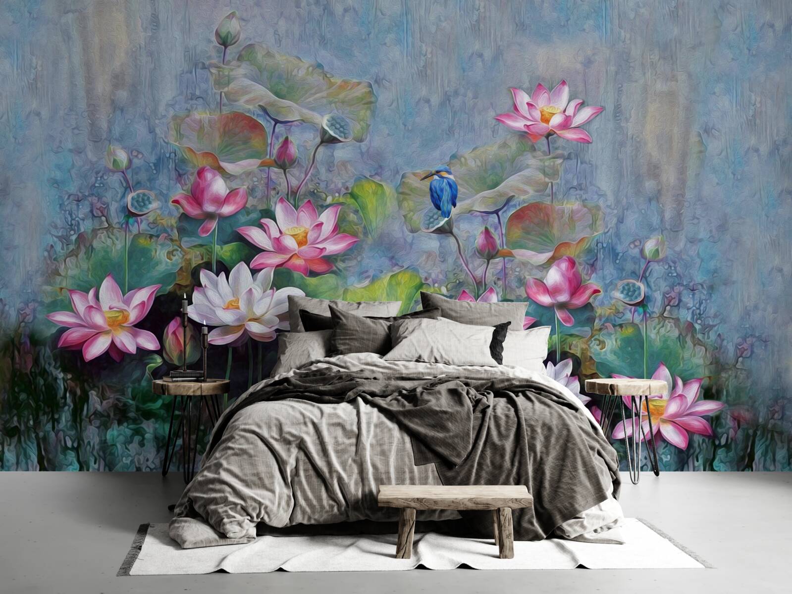 Fototapet pasăre albastră printre nuferi