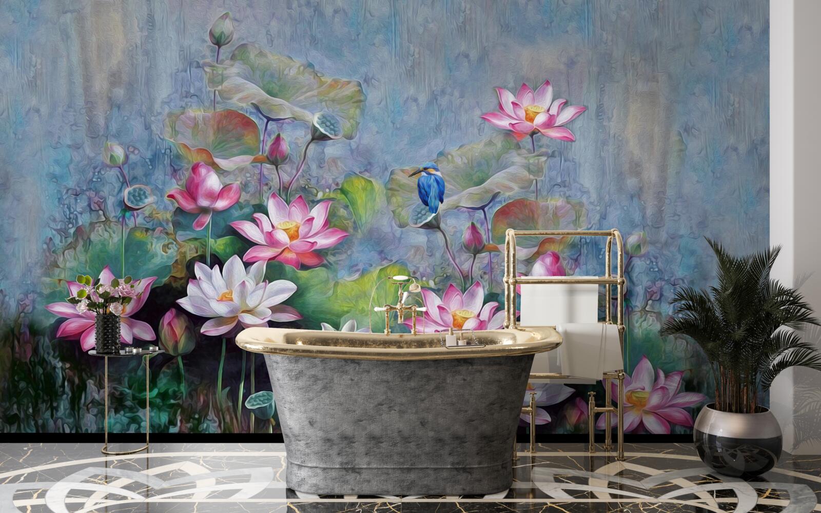 Fototapet pasăre albastră printre nuferi