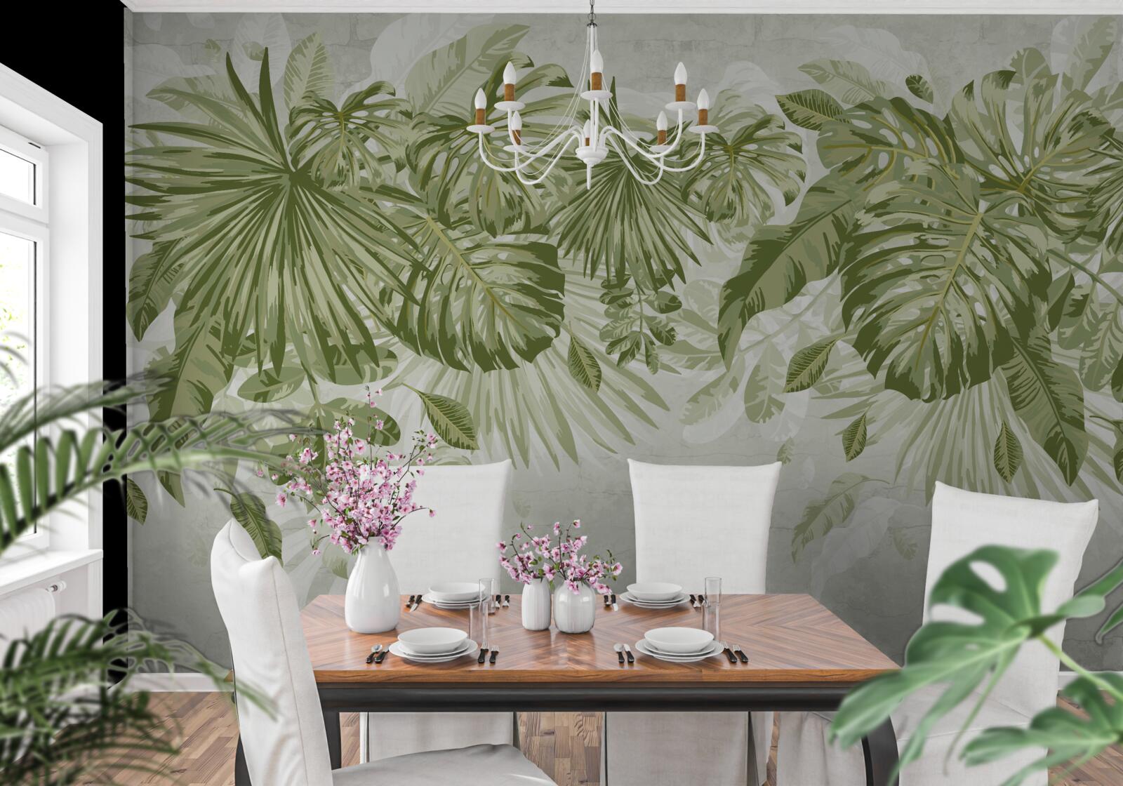 Fototapet banane tropicale și frunze de monstera