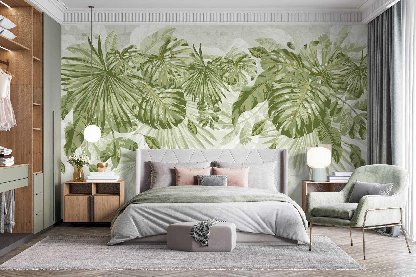 Fototapet banane tropicale și frunze de monstera