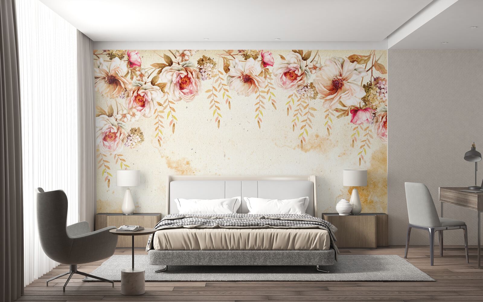 Fototapet muguri mari de flori pe un fundal deschis