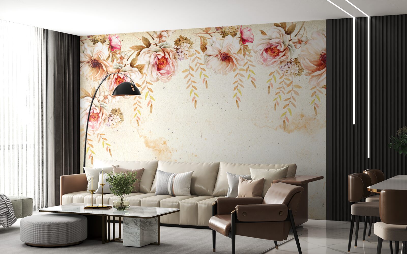 Fototapet muguri mari de flori pe un fundal deschis