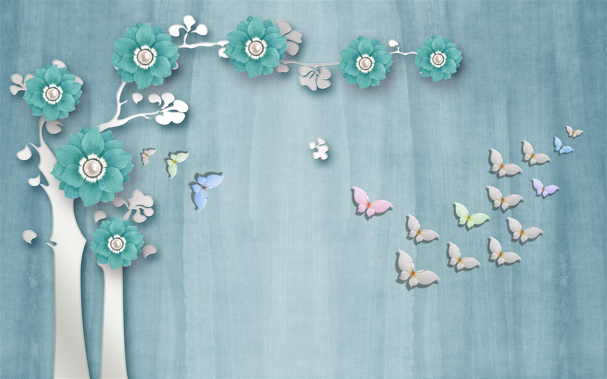 Fototapet fluturi și flori verzi decorând un copac