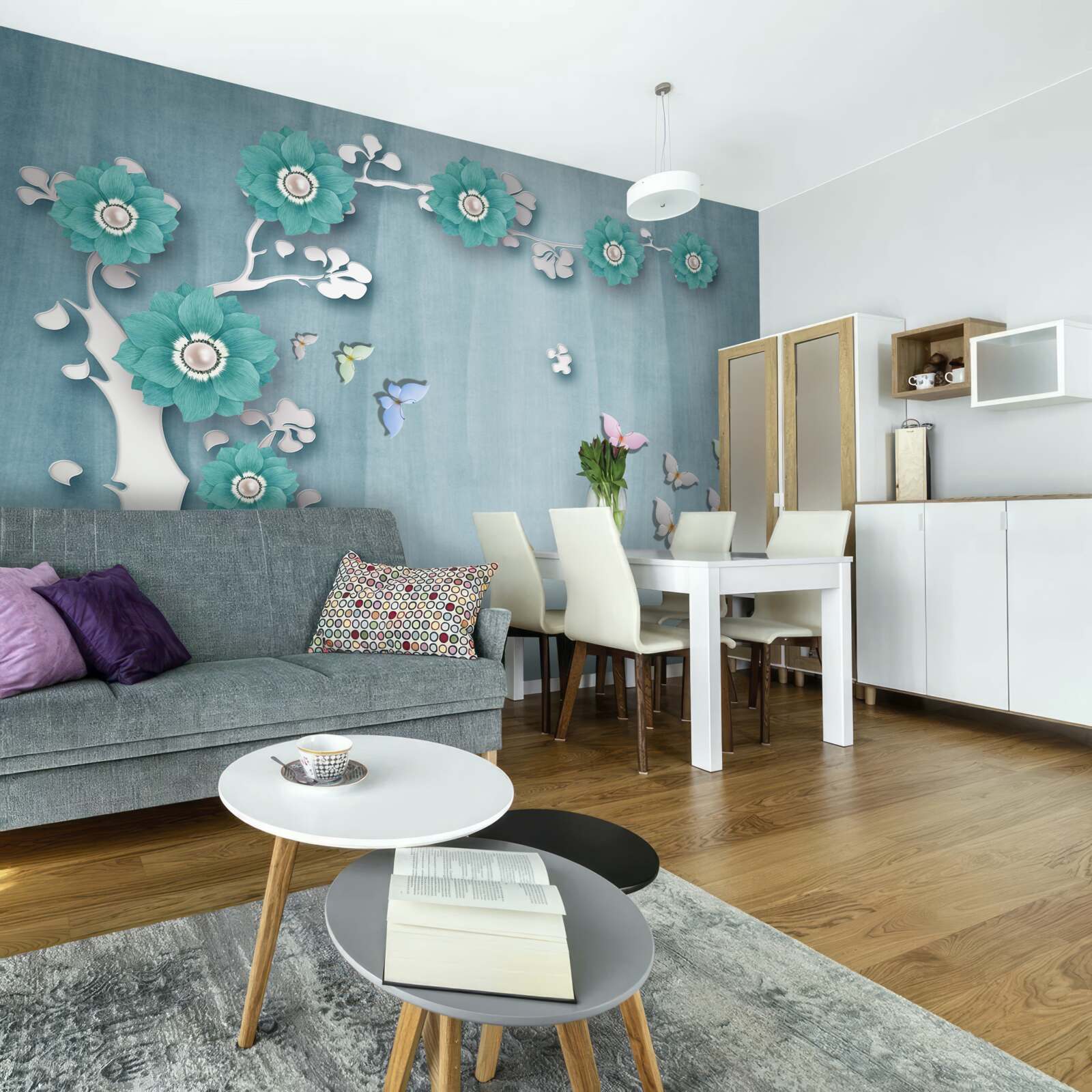 Fototapet fluturi și flori verzi decorând un copac