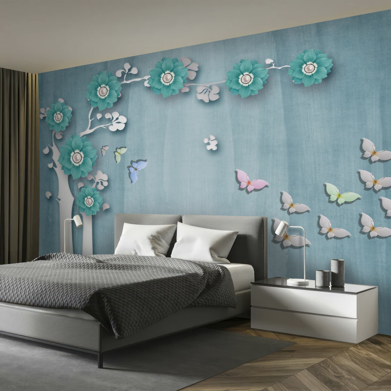 Fototapet fluturi și flori verzi decorând un copac