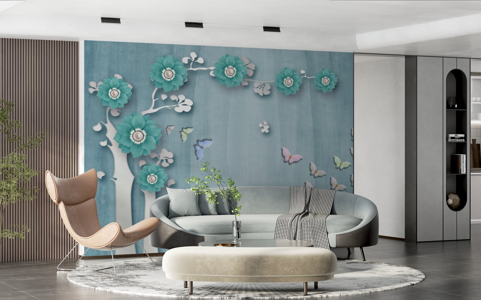 Fototapet fluturi și flori verzi decorând un copac