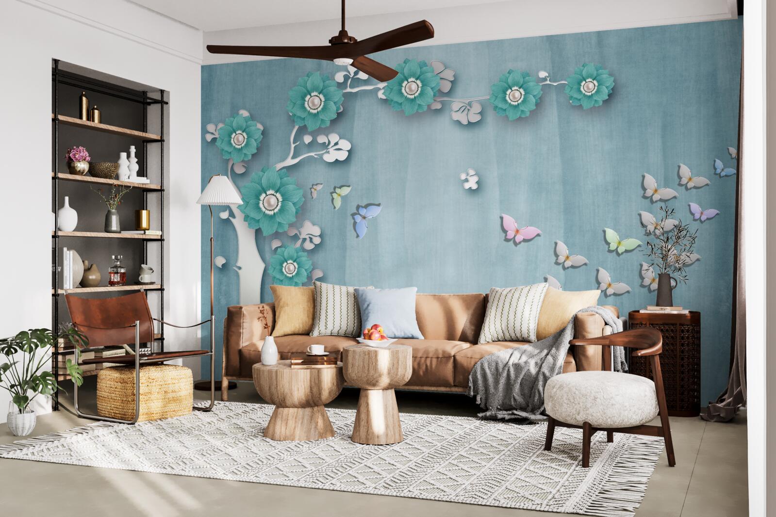 Fototapet fluturi și flori verzi decorând un copac