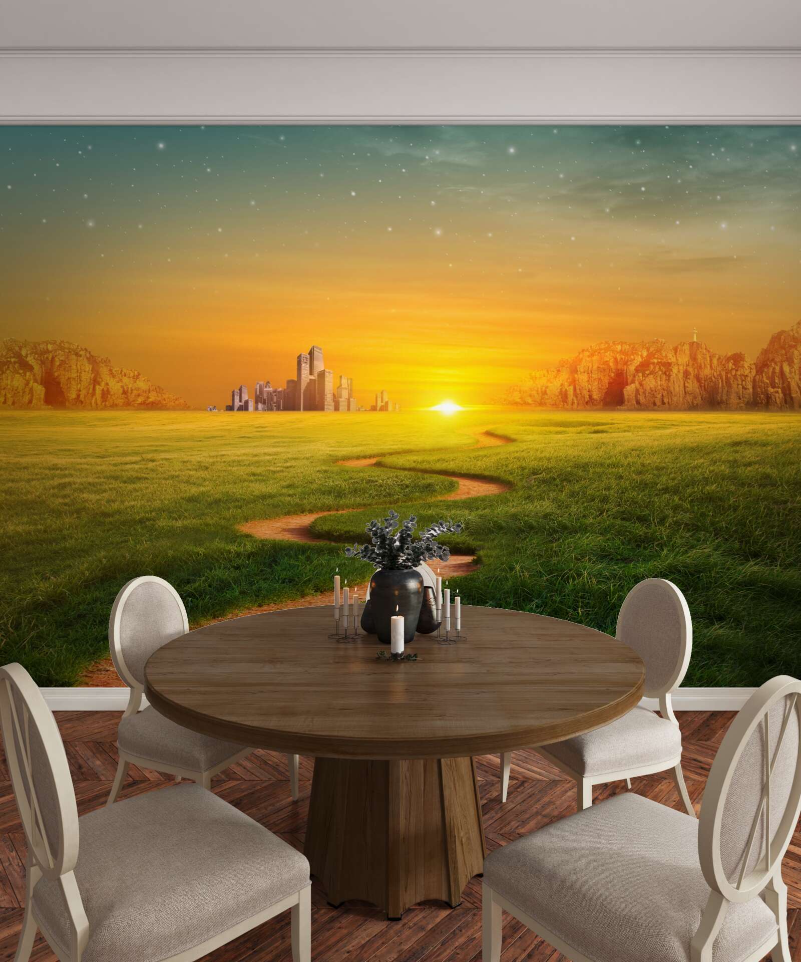 Fototapet apus de soare peste câmpuri vaste