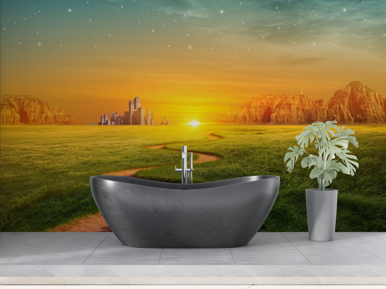 Fototapet apus de soare peste câmpuri vaste