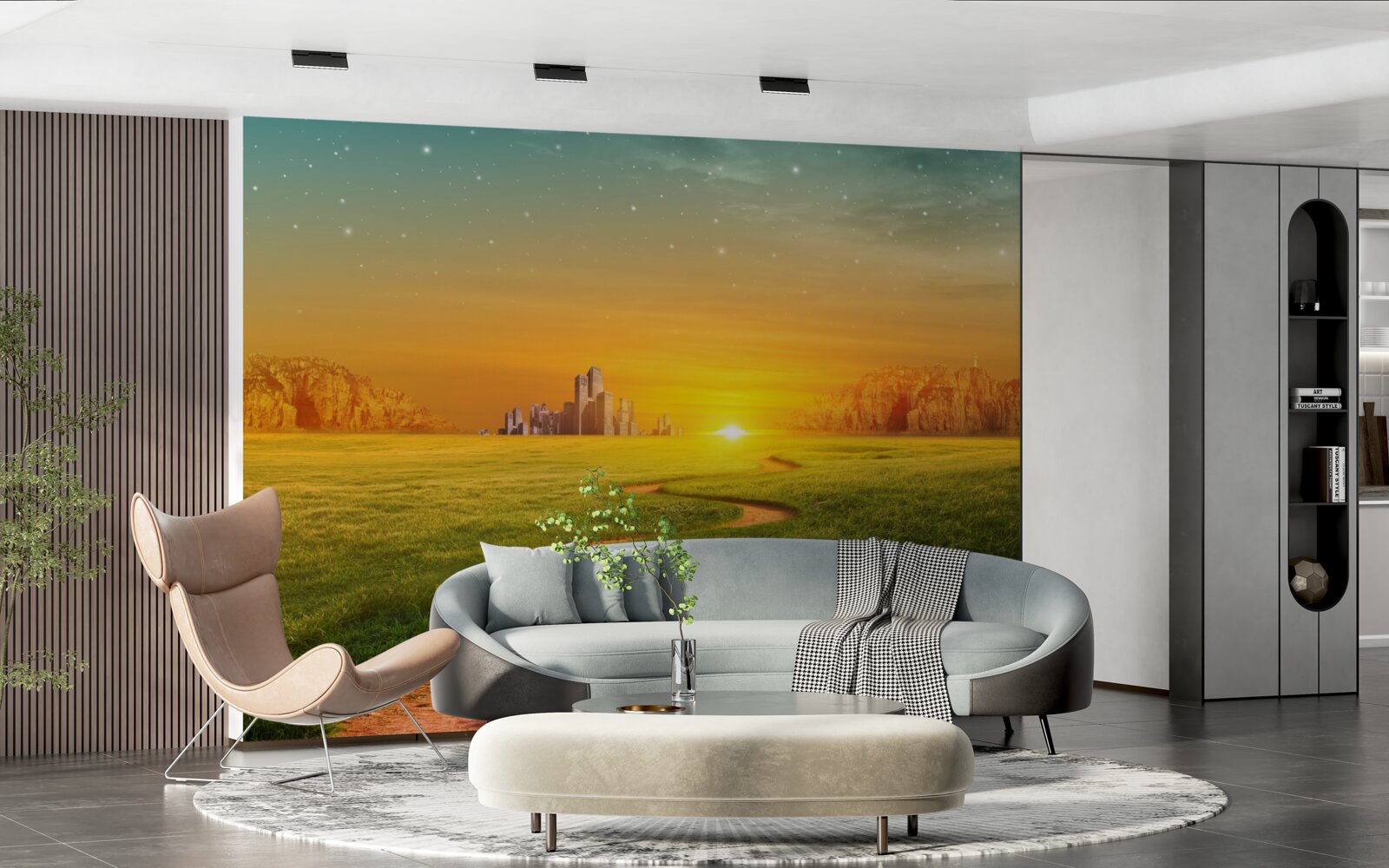 Fototapet apus de soare peste câmpuri vaste