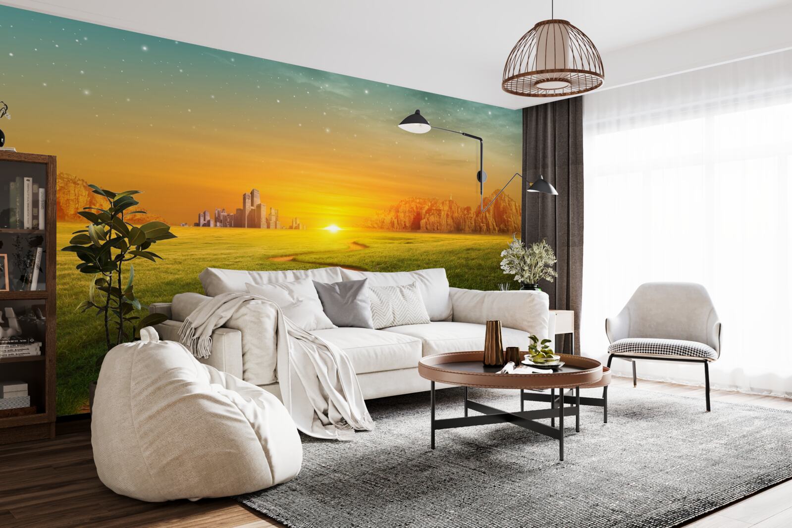 Fototapet apus de soare peste câmpuri vaste