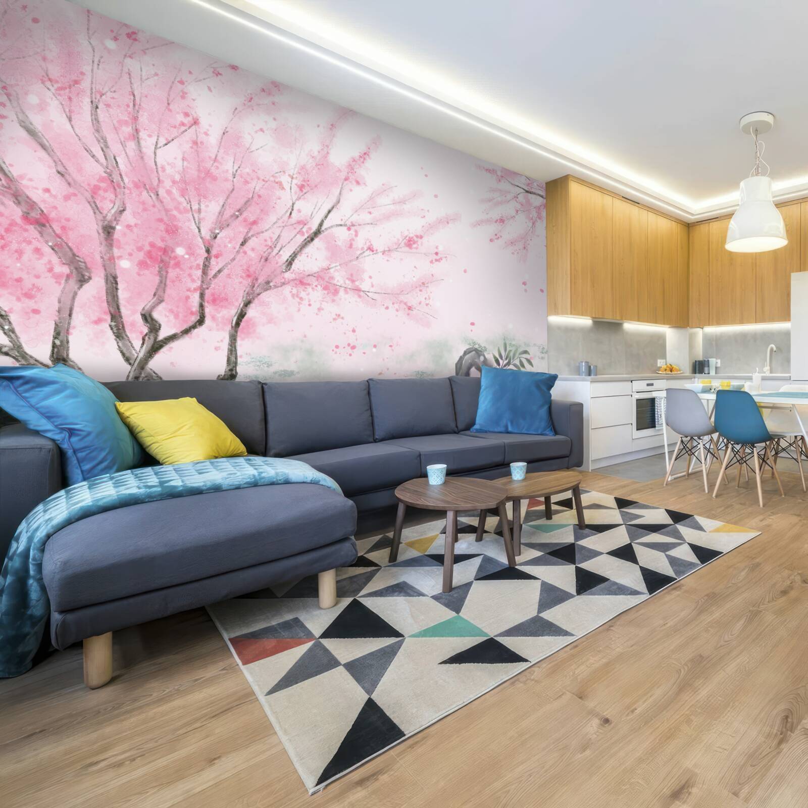 Fototapet sakura de lângă iaz este vopsită în roz