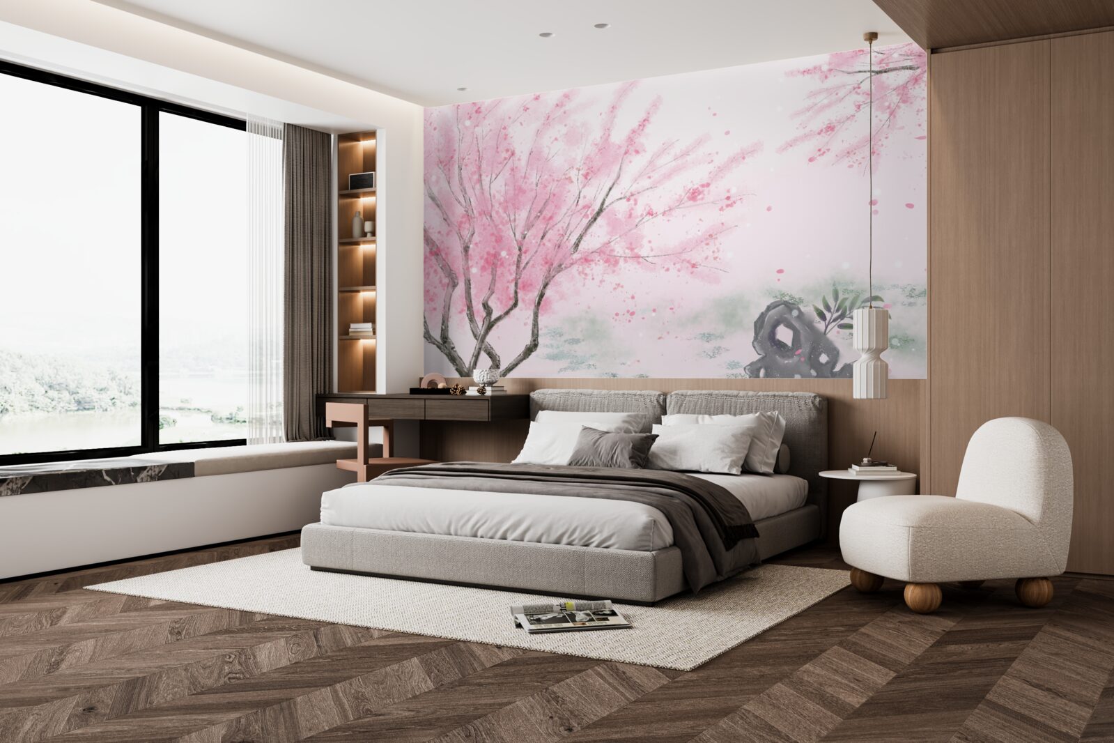 Fototapet sakura de lângă iaz este vopsită în roz