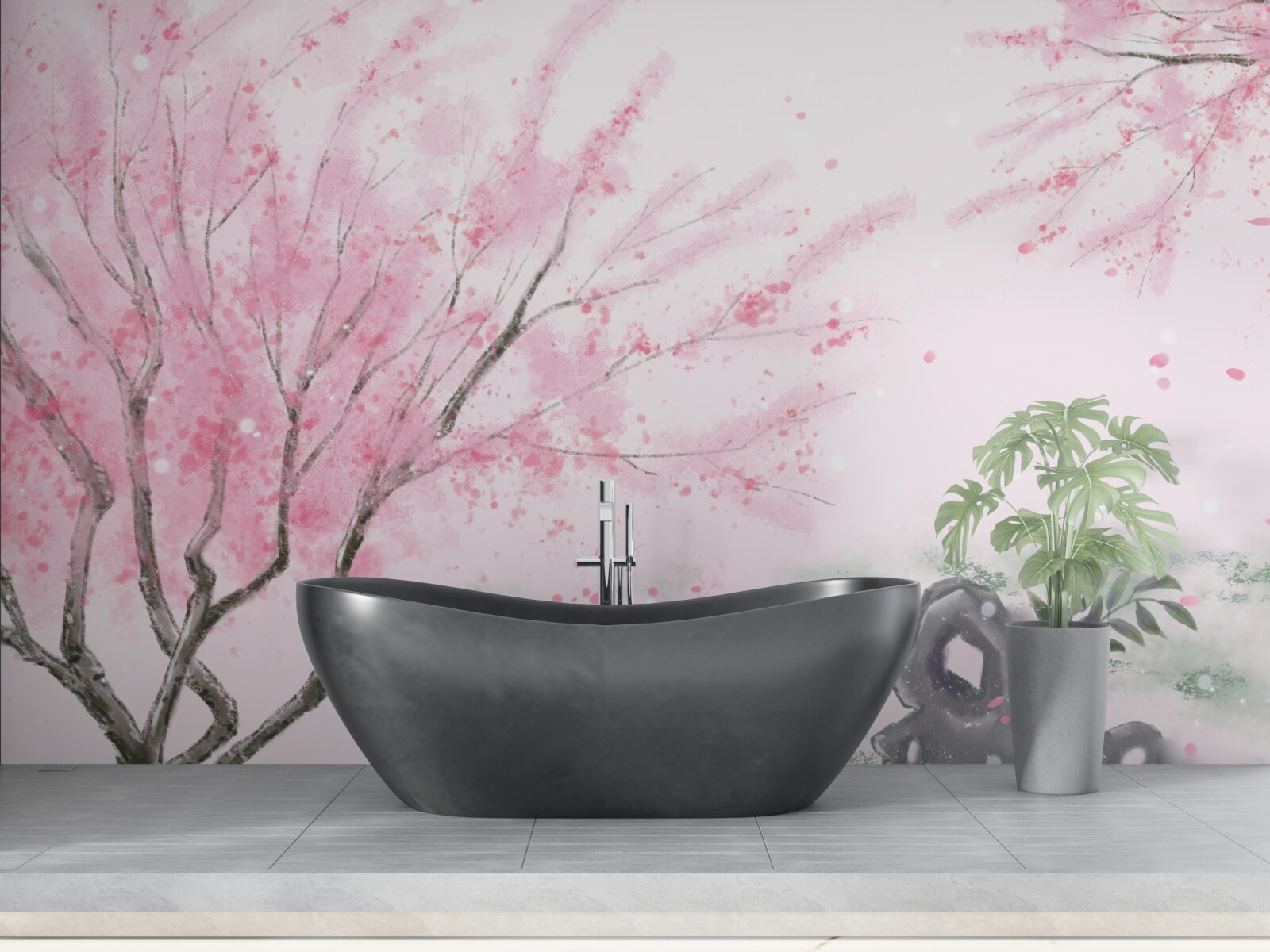 Fototapet sakura de lângă iaz este vopsită în roz