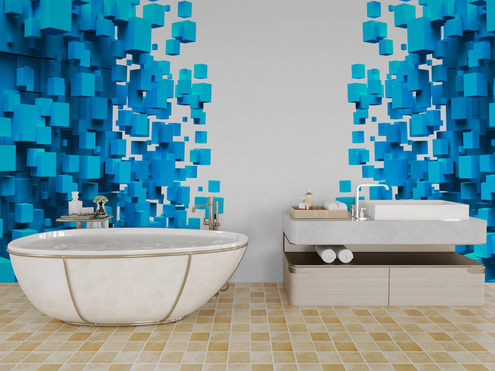 Fototapet pătrate albastre plutind în abstracție