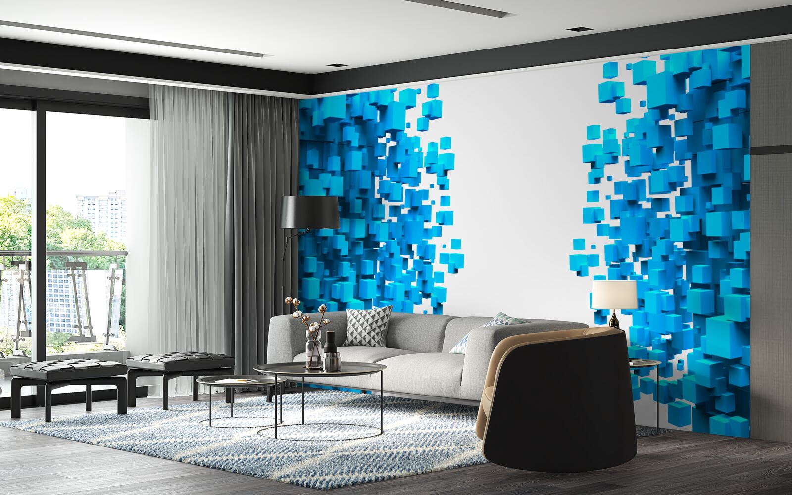 Fototapet pătrate albastre plutind în abstracție