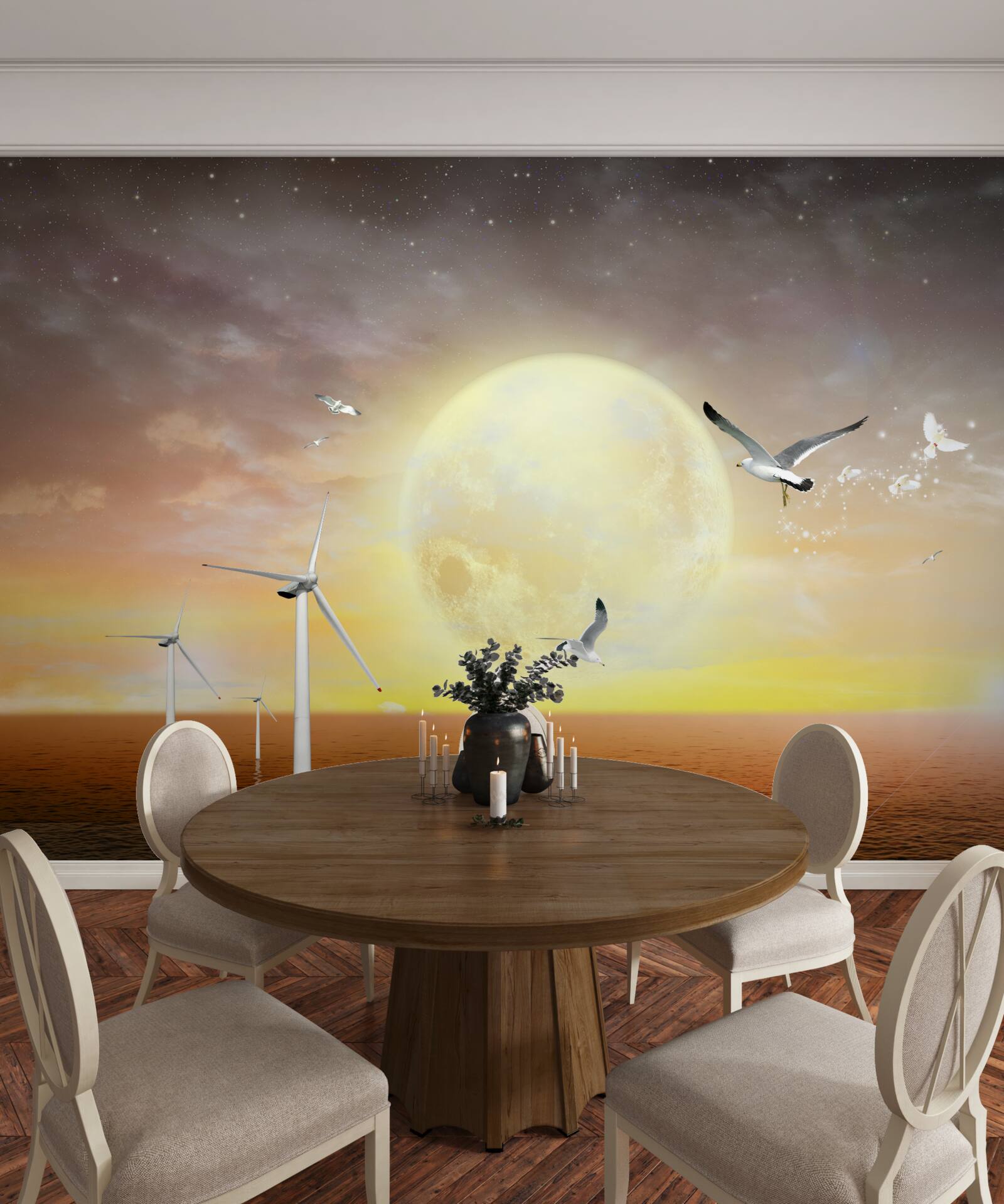 Fototapet apusul de soare pe mare este însoțit de strigătele pescărușilor