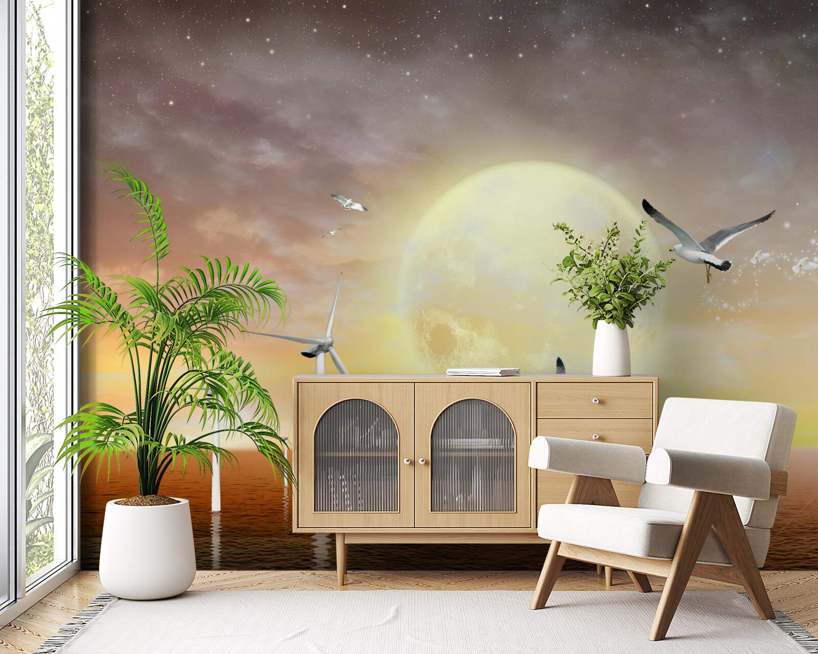 Fototapet apusul de soare pe mare este însoțit de strigătele pescărușilor