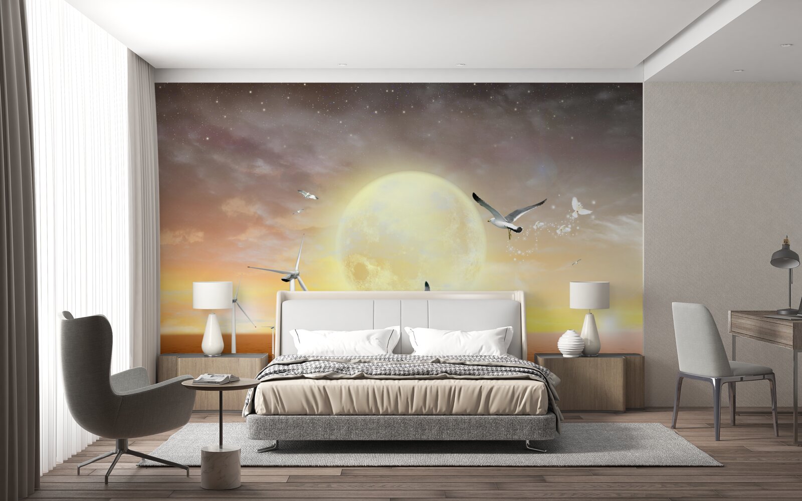 Fototapet apusul de soare pe mare este însoțit de strigătele pescărușilor