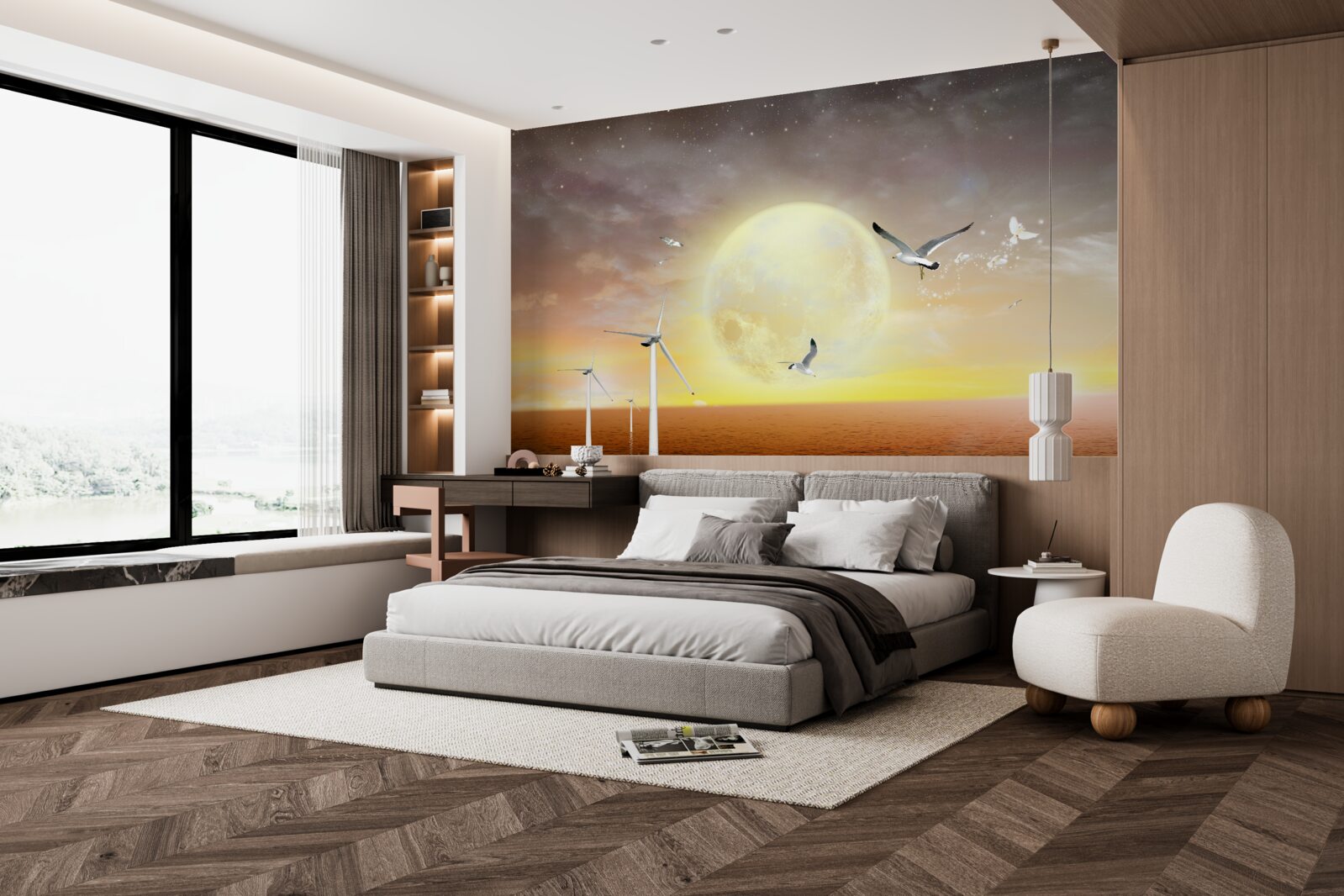 Fototapet apusul de soare pe mare este însoțit de strigătele pescărușilor