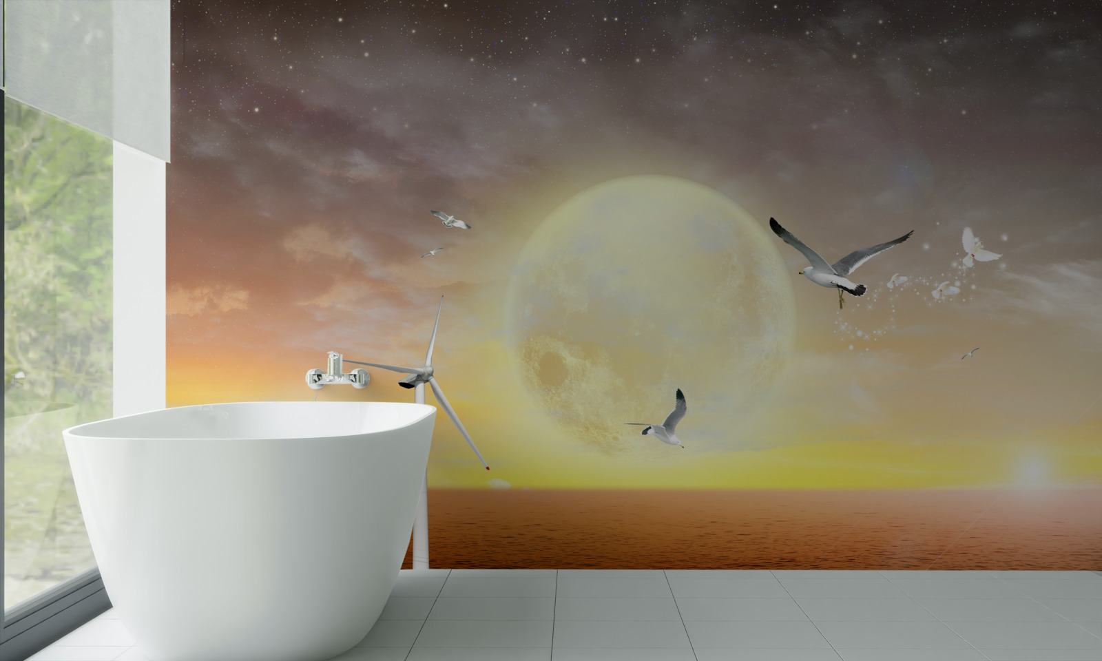 Fototapet apusul de soare pe mare este însoțit de strigătele pescărușilor