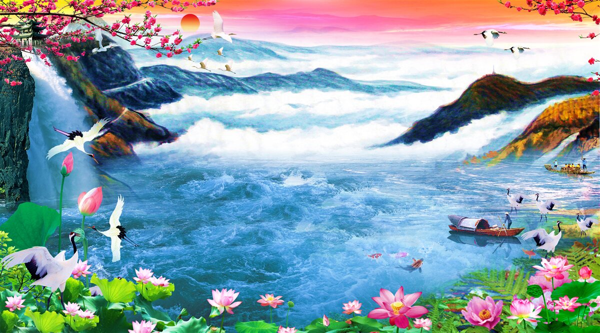 Fototapet la apus, la poalele unei cascade de munte sunt pescari