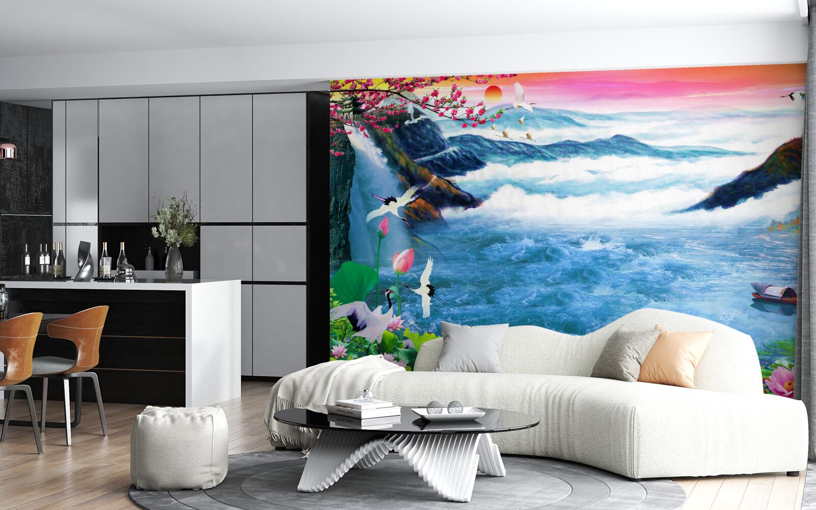 Fototapet la apus, la poalele unei cascade de munte sunt pescari