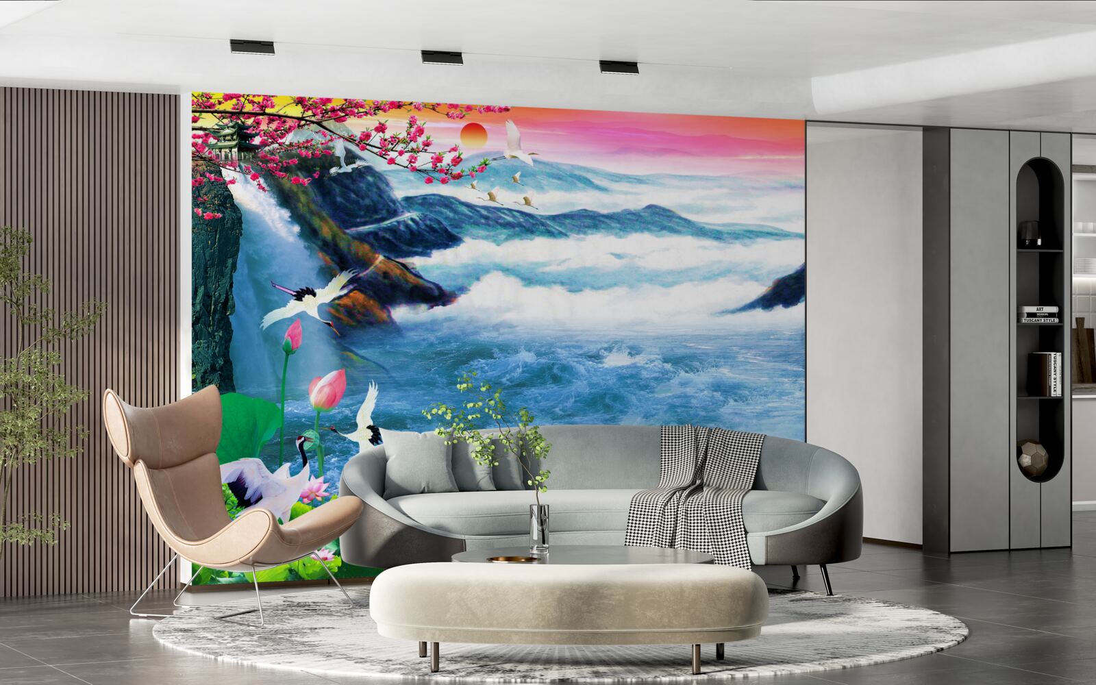 Fototapet la apus, la poalele unei cascade de munte sunt pescari