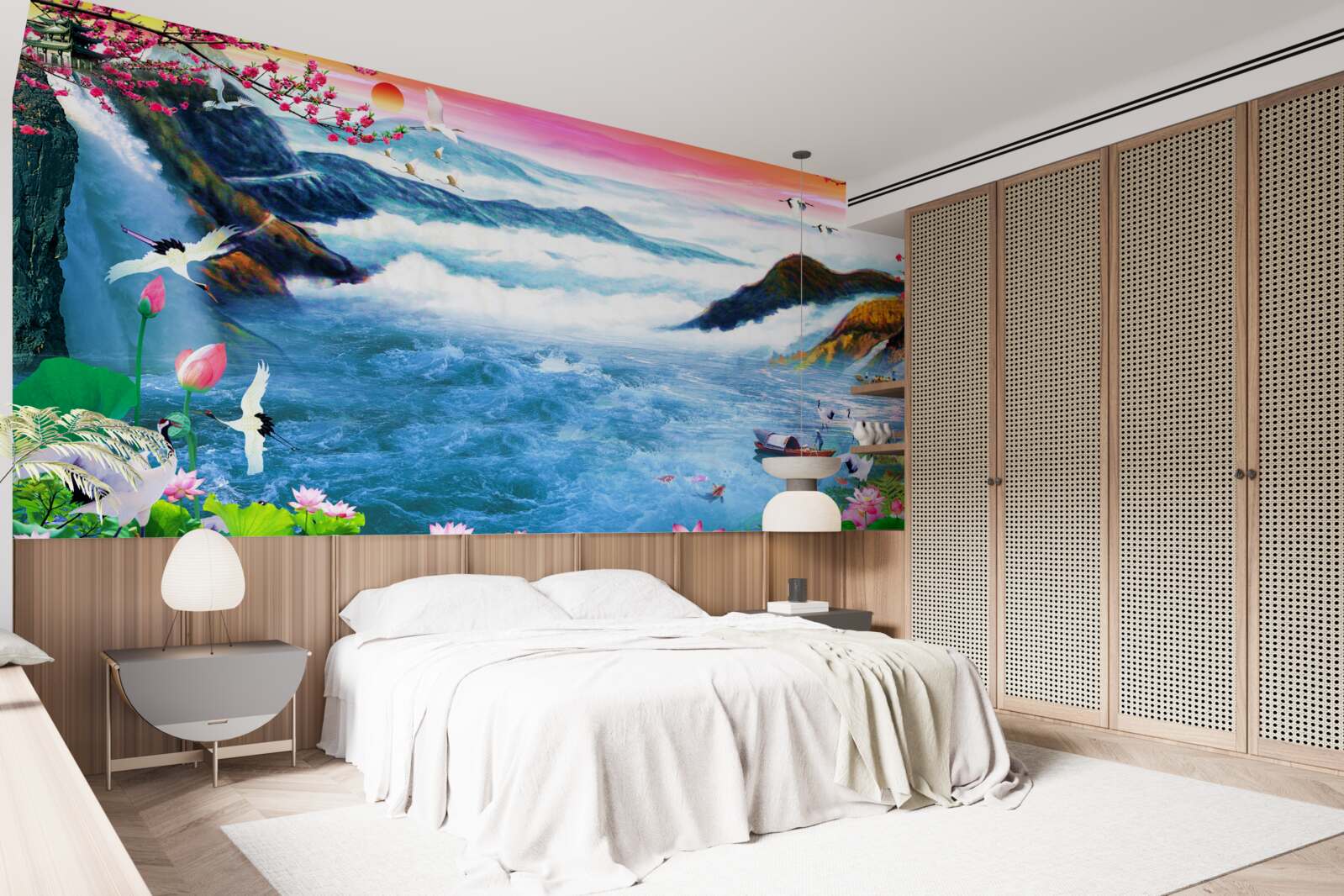 Fototapet la apus, la poalele unei cascade de munte sunt pescari