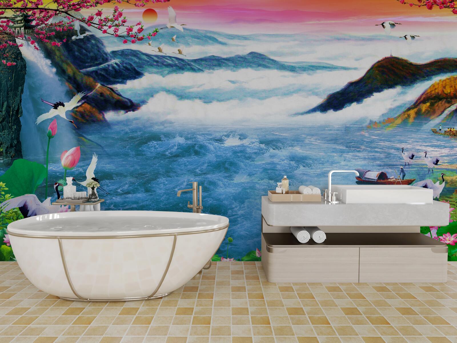 Fototapet la apus, la poalele unei cascade de munte sunt pescari